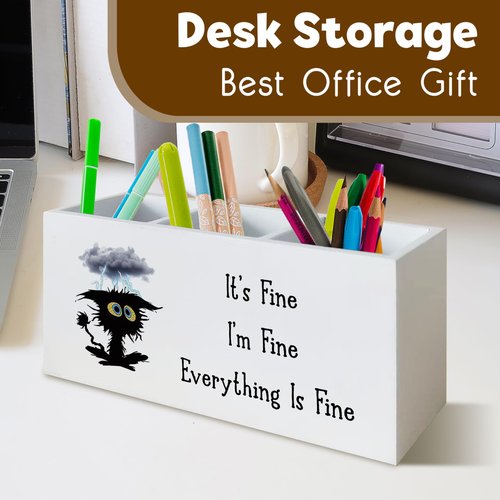 UNCDLV It's Fine I'm Fine Everything is Fine Funny Cat Pen Holder for Desk, Funny Desk Accessories for Work, Sarcastic Office Humor Gifts Wooden Pen Pencil Holder Organizer for Office