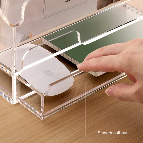 SANRUI Acrylic Desktop File Organizer Mail Sorter Box with Drawer, 3 Compartments Clear Office Accessories Paper Storage Holder, Multifunction Envelope Letter Folder Racks for Office,Home, School
