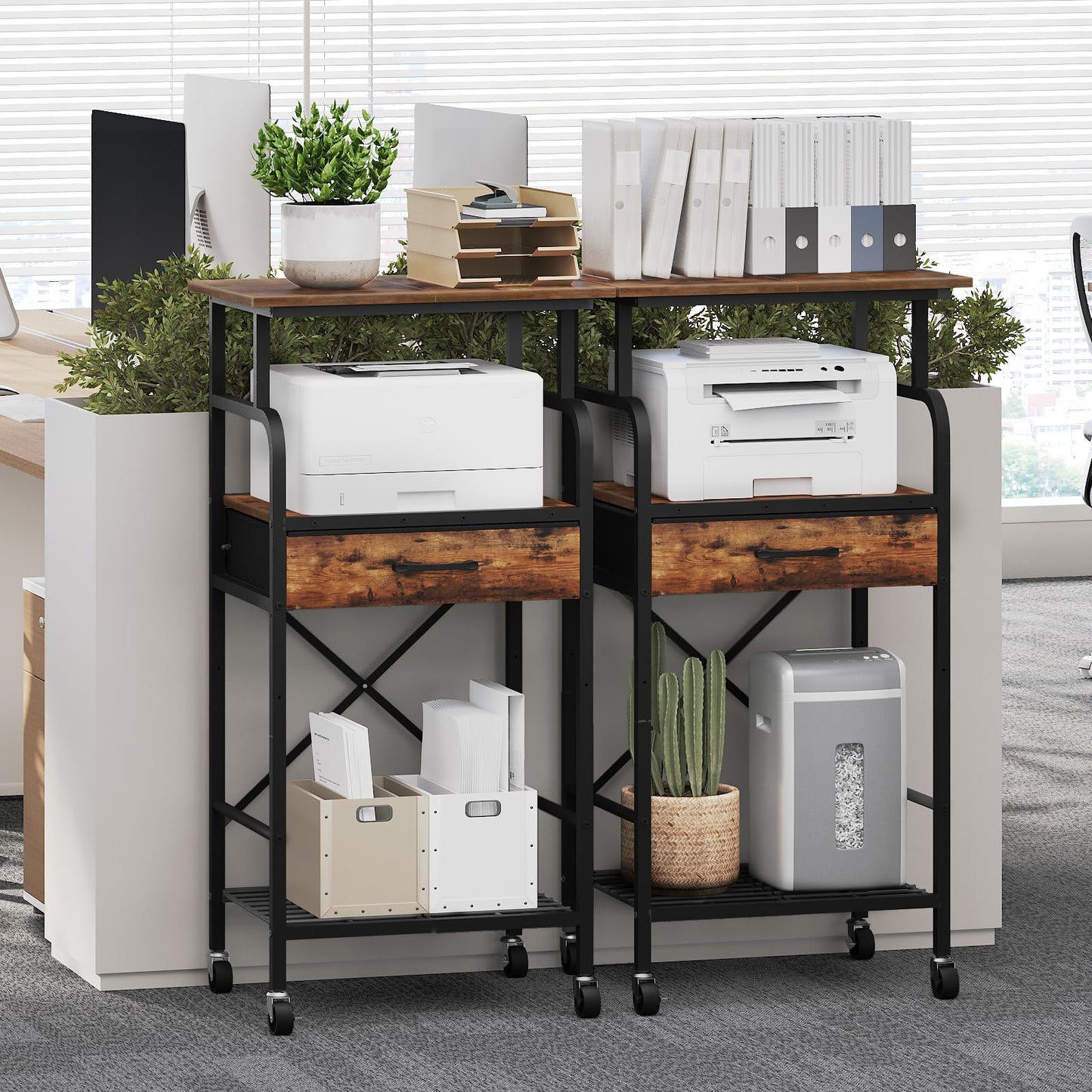 MAHANCRIS Tall Printer Stand, 3 Tier Printer Cart with Storage, Industrial Printer Table on Wheels, Adjustable Shelf & Fabric Drawer, for Home Office Study Rustic Brown PTHR5401