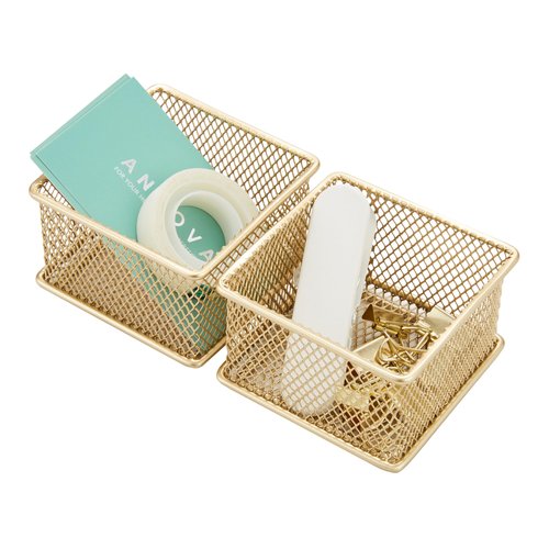 Annova Stackable Mesh Drawer Cabinet and Shelf Organizer Bins Storage Basket School Office Supply Holder Tray- Set of 2 (Gold, 3x3x2 Inch)