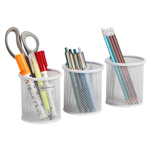 Mind Reader Pen and Accessories Holder, Desktop Organizer, Office, Metal Mesh, 3.5" L x 3.5" W x 3.75" H, Set of 3, White