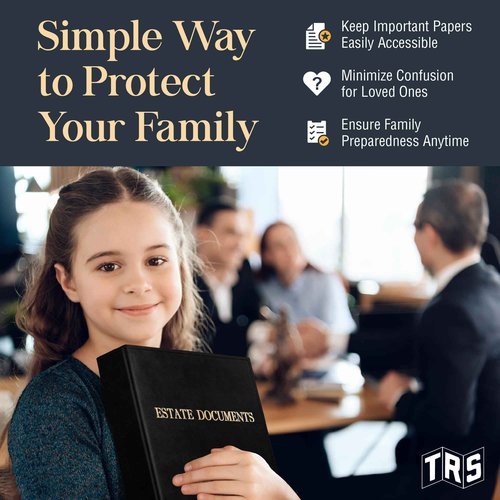 Estate Planning Binder DX Pre-Labeled Tabs, 1.5-Inch Angle D Ring, Faux Leather, Sheet Protectors– Organizing Wills, Trusts, Powers of Attorney & Final Wishes (Gold on Black - Deluxe) + Linen Folder
