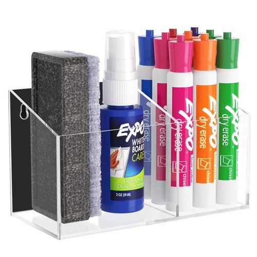 HBlife Magnetic Dry Erase Marker Holder for Whiteboard with 2 Compartments, Acrylic Wall Mount Magnet Pen Pencil Holder for Refrigerator, Locker Organizer Accessories for Classroom Office, Clear