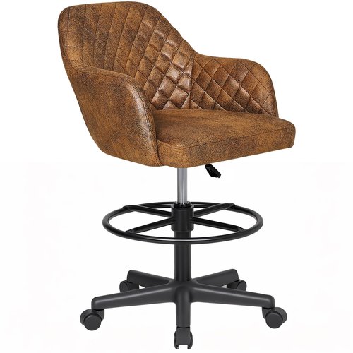 VECELO PU Leather Drafting Chair with Low Back and Footrest Ring, Height Adjustable, Swivel Rolling Wheels, for Drawing/Standing Desk/Office, Brown