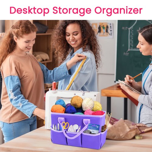 Godery Desktop Tote and Organizer, Teacher Helper Bag for Arts, Books, Stationery, Office Desk Organization, Make-up Storage with Handles for Travel (PURPLE)