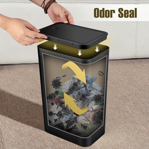 TrashAid Bathroom Trash Can, 2.6 Gallon / 10 Liter Small Garbage Can with Press Top Lid, Plastic Wastebasket with Pop-up Lid for Toilet, Office, Bedroom, Living Room, Black