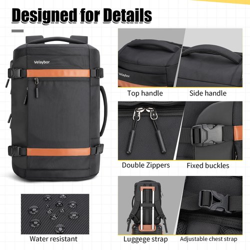Velaybor 42L Travel Backpack with 4 Packing Cubes, TSA Friendly Flight Approved Carry-On Bag with USB Charging Port, Water-Resistant Weekender Business Backpack for Men Women, Fits 17.3" Laptop(Black)