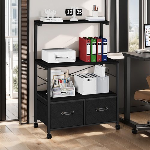 VECELO Large Printer Stand on Brakble Castors, Mobile File Cabinet with 3 Tier Shelf, 2 Drawer Lateral File-Cabinet for Filing Organization, fits Letter Size for Home Office, Black