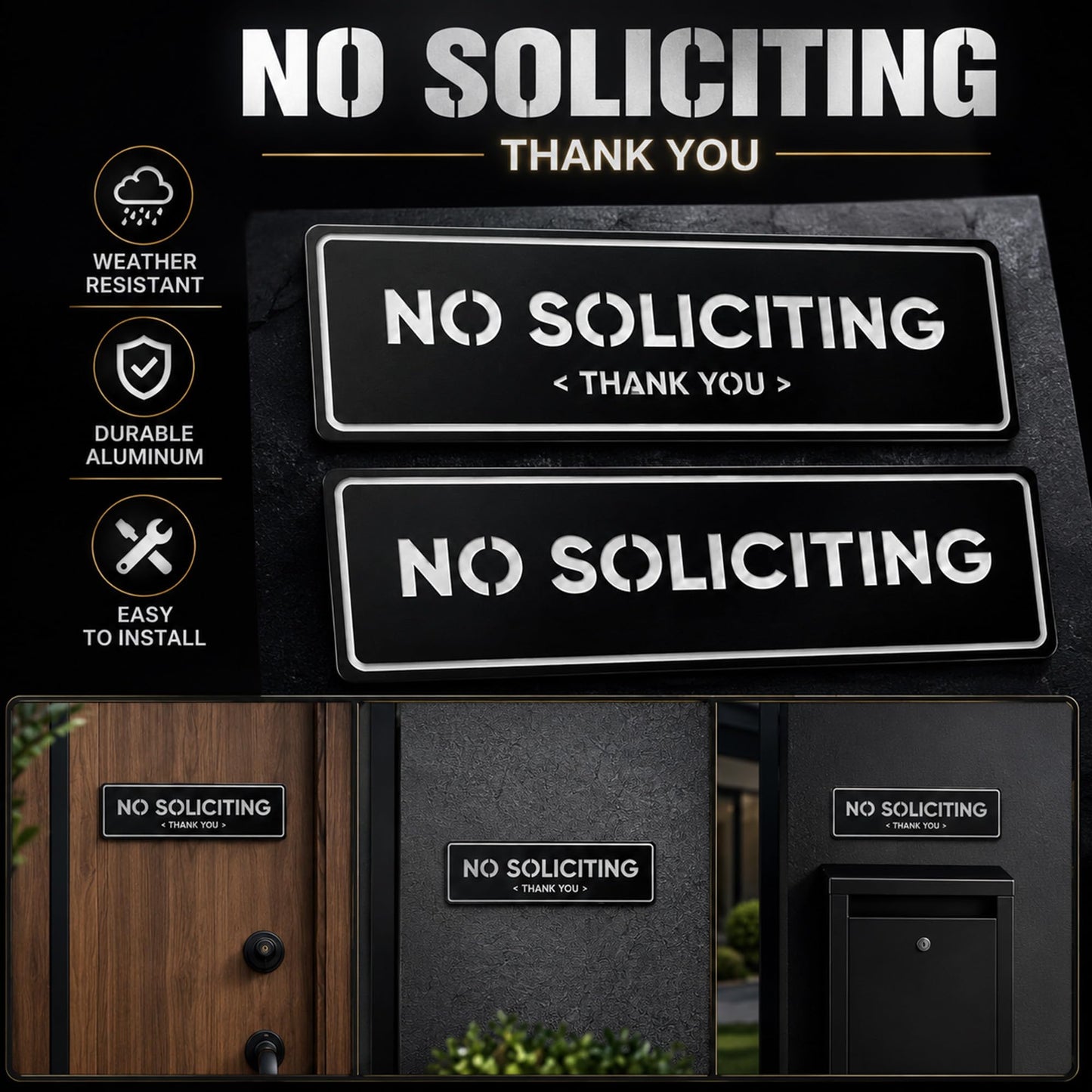 2-Pack No Soliciting Sign, Premium 304 Stainless Steel, 8.25x2.4",Large