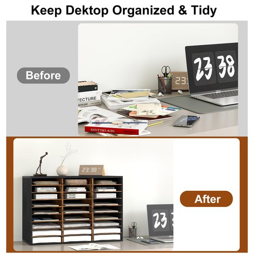 Alpeir Mail Organizer Countertop, 27 Slots Wooden Desk File Literature Sorter, Adjustable Paper Storage Shelves Document Holder, Space Saving Desktop Mailbox for Office Classroom, Black/Rustic Brown