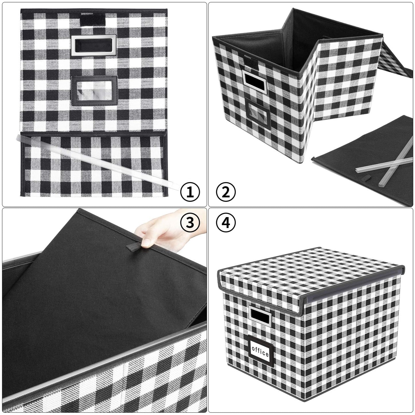 Huolewa File Organizer Box with Lid, Collapsible File Folder Organizer for Office Document Storage, Filing Box with Plastic Slide for Letter Size Hanging File Folders(1 Pack, Black & White Lattice)