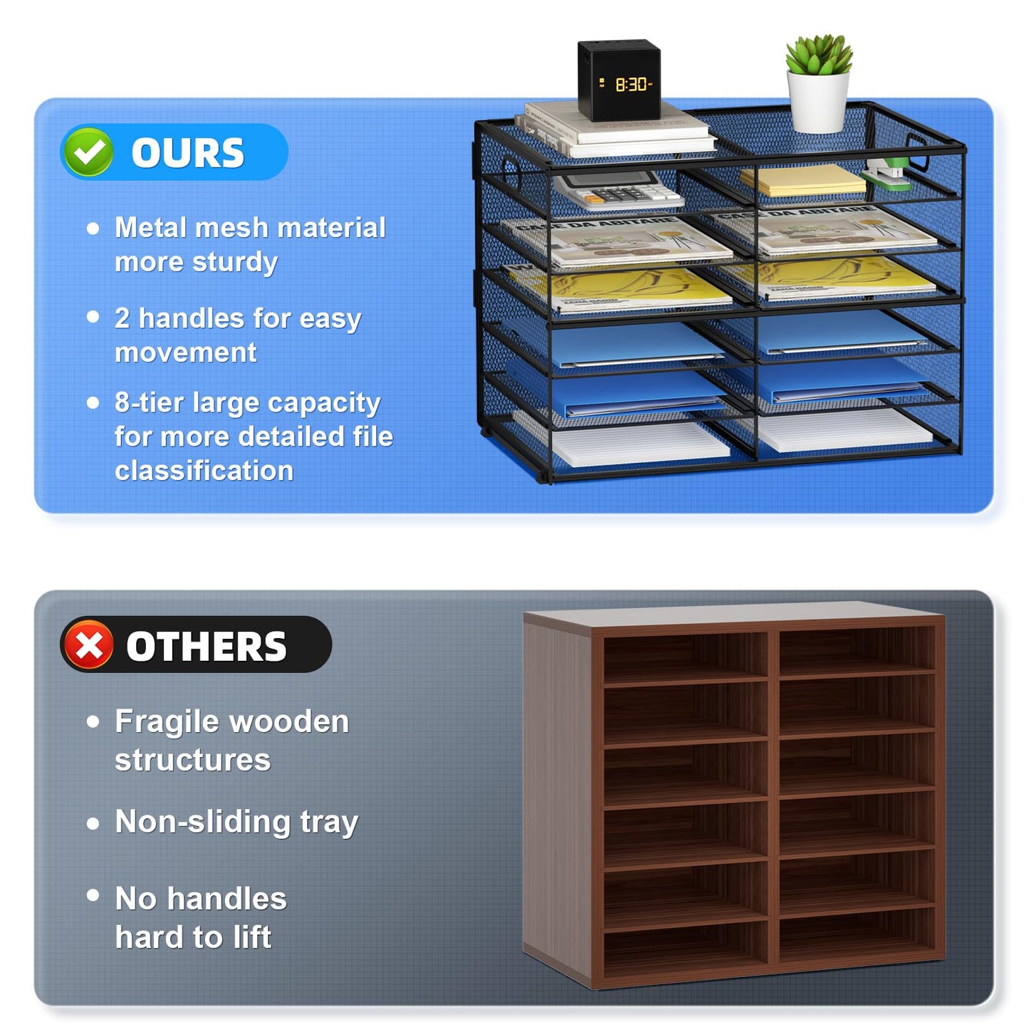 Lavatino 12 Compartments Paper Organizer for Desk, Mesh Literature Organizer, Mail File Sorter Tray with Handle, Desktop Mailbox for Office Classroom Home, Black