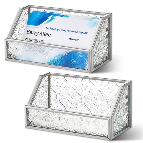 SiliFine 2 Pcs Retro Glass Business Card Holder Desk Mosaic Vintage Glass Name Card Display Stand Silver Organizer Storage Accessory for Women Men Office Meeting Reception Desktop Business Countertop