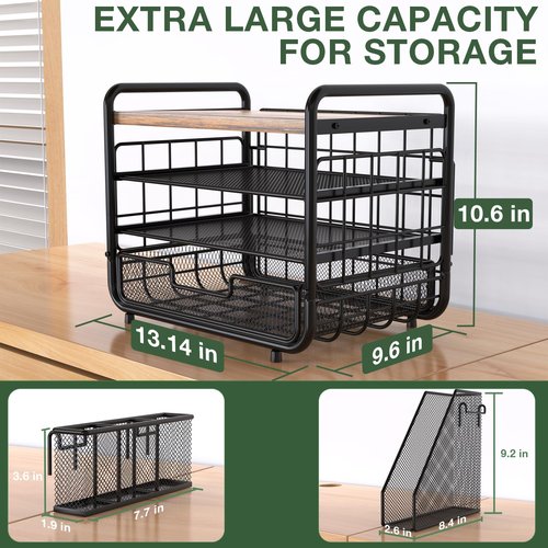 2025 New Large Capacity Desk Organizer with Drawer, Wooden 4-Tier Paper Organizer Letter Tray with File Holder and Pen Holders, Wooden Desk Accessories for A4 Paper Work Folder Storage (Style1)