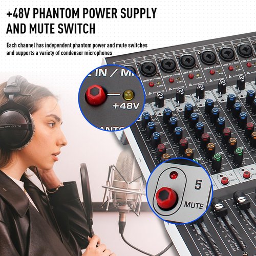 FULODE 12-Channel Bluetooth Studio Audio Mixer 99 Bit DSP Digital Processor w/USB MP3 for PC Recording Input, XLR Microphone Jack, 48V Power, For Professional and Beginners DJ Mixer