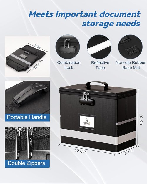 Oterri Fireproof Document Box - Portable File Safe with Lock | Waterproof & Collapsible, Black