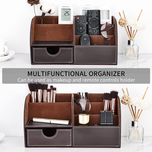 KINGFOM Pu Leather Desk Organizer Pen Pencil Holder Office Supplies Caddy Storage Box 6 Compartments with Drawer Brown