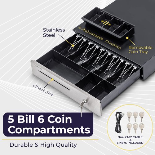 Volcora Cash Register Drawer for (POS) Point of Sale System 16", Stainless Steel Removable Coin Tray, 5 Bill/6 Coin, 24V, RJ11/RJ12 Key-Lock, Media Slot,Cash Till, Money Drawer for Businesses, Black
