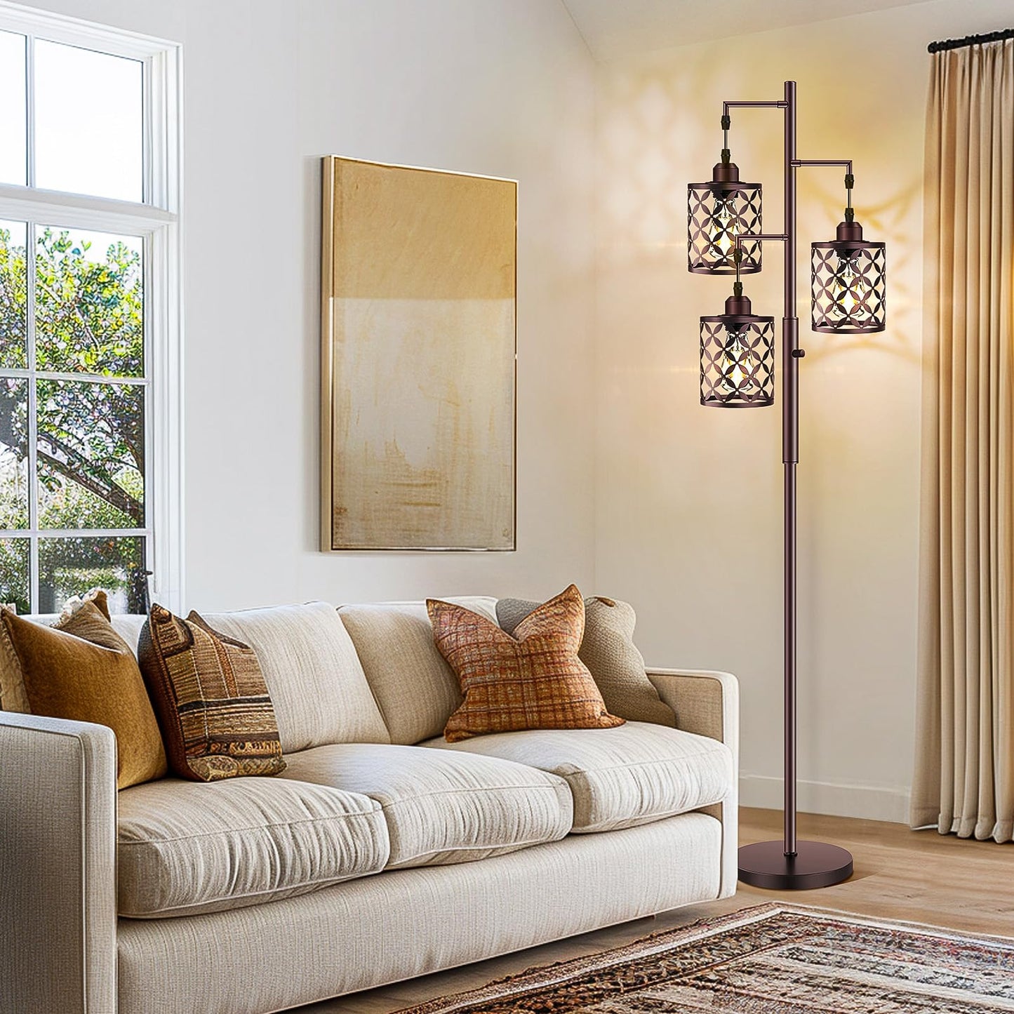 GHOOCEMLUX Dimmable Floor Lamp, Farmhouse Standing Lamp with Elegant Metal Cage, Industrial Tall Tree Floor Lamps for Living Room Bedroom Study Room Office, 3 x 800LM LED Bulbs Included - 68", Brown