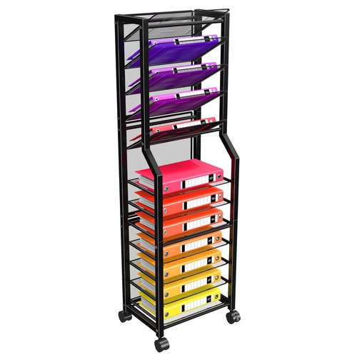 Simple Trending 12 Tier Rolling File Cart,Desk File Organizer with Sliding Trays and Wetal Mesh Paper Letter Storage Multi Functional Rolling Clutter Cart for Office, Home, School, Black