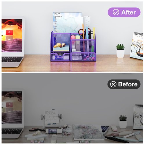 EasyPAG Mesh Desk Organizer, Multi-functional Stationery Organizer for School Supplies, Office Pen Holder for Desk, 6 Compartments Dorm Organization with Drawer, Purple