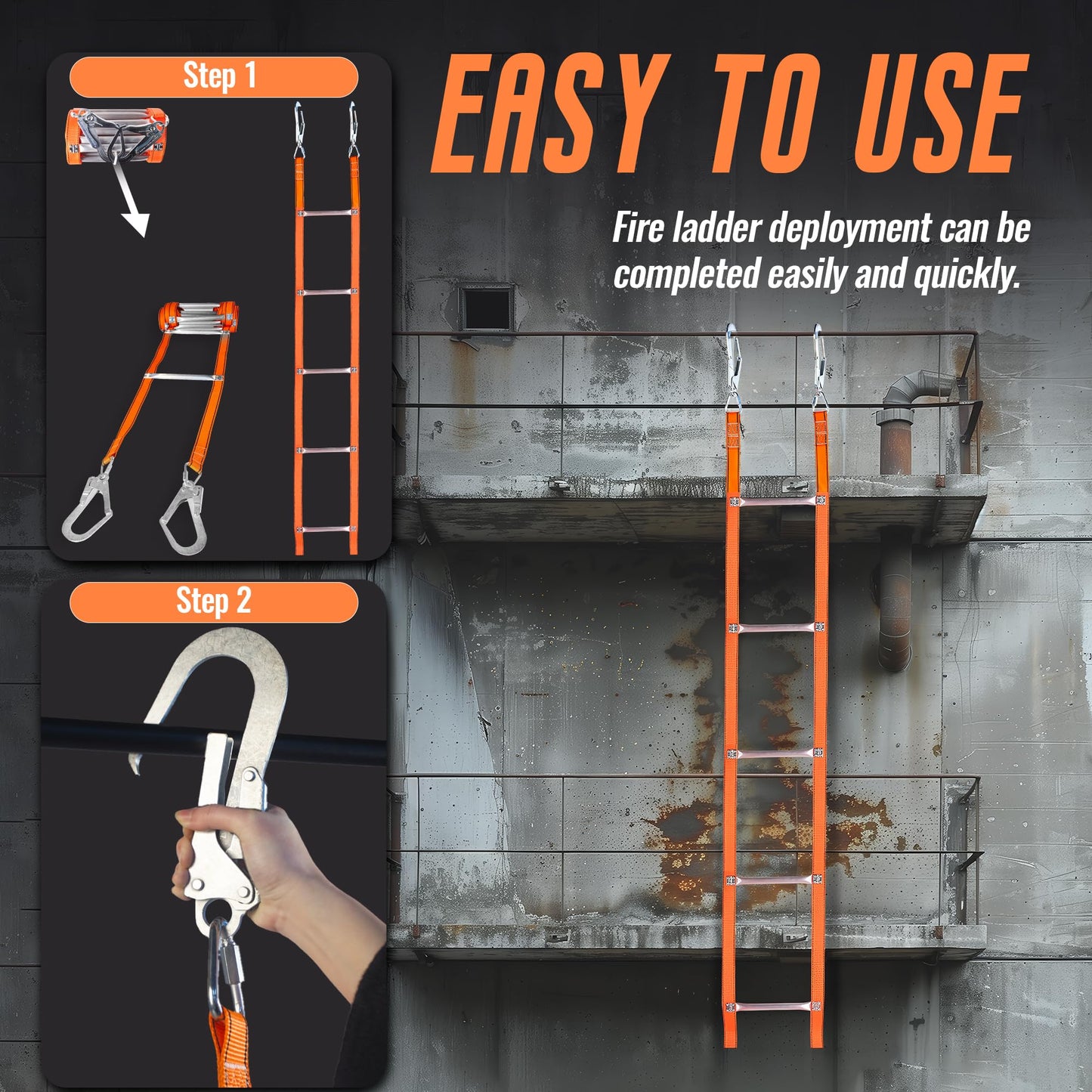 13 Ft Fire Escape Ladder with 2 Heavy Hooks, 2 Story Emergency Fire Ladder with Aluminum Anti-Slip Rungs for Kids and Adults, Reusable Portable Safety Ladder for Windows and Balcony