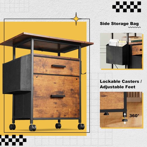 NASHZEN File Cabinet Printer Stand, Fabric Mobile Filing Cabinet with 2 Storage Drawers, for Hanging A4, Letter Size File Folders, Open Shelf with Storage Bag and Hooks Home Office, Rustic Brown
