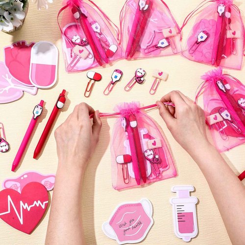Saypacck 96 Pcs Nurse Gift Set of 24, Includes Pens Sticky Notes Bookmarks and Bags for Appreciation Nurses Week Gifts Hospital Student Essentials Medical Assistants Supplies(Pink White,Cute)