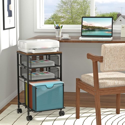BOHDK Rolling File Cart with 3 Storage Drawers, Wood & Mesh Hanging File Folder Organizer with Wheels Under Desk, File Cabinets for Home Office, 11.81" D x 14.8" W x 25.39" H, Black