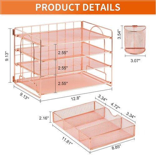 Lavatino 4-Tier Desk Paper Letter Tray Organizer for Desk Accessories & Workspace Organizers with Drawer and 2 Pen Holder for Home, School, Office Supplies Storage (Rose Gold)