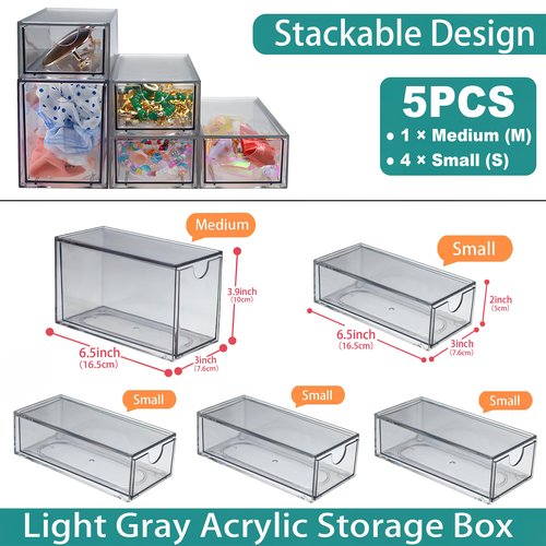 5 Pack Acrylic Makeup Organizer Clear Stackable Storage Drawers Tall Acrylic Bathroom Makeup Organizer for Cosmetic,Beauty Supplies,Ideal for Vanity, Undersink,Cabinet,Desk Home Organization