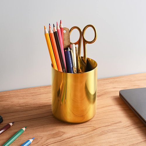 luvtree 2 Pieces Golden Round Stainless Steel 304 Pen Holder, Desk Pencil Organizer, Makeup Brush Storage, Kitchen Cutlery Holder, Multi-Purpose Office and Home Accessory