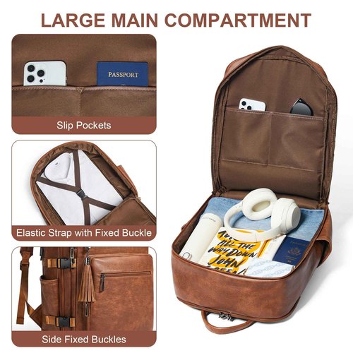Shrrie Laptop Backpack for Women,Vegan Leather Backpack Work Computer Backpacks fits 16" Laptop,Water Resistant Teacher Nurse Casual Daypack for Weekender Camping Travel,Two-toned Brown