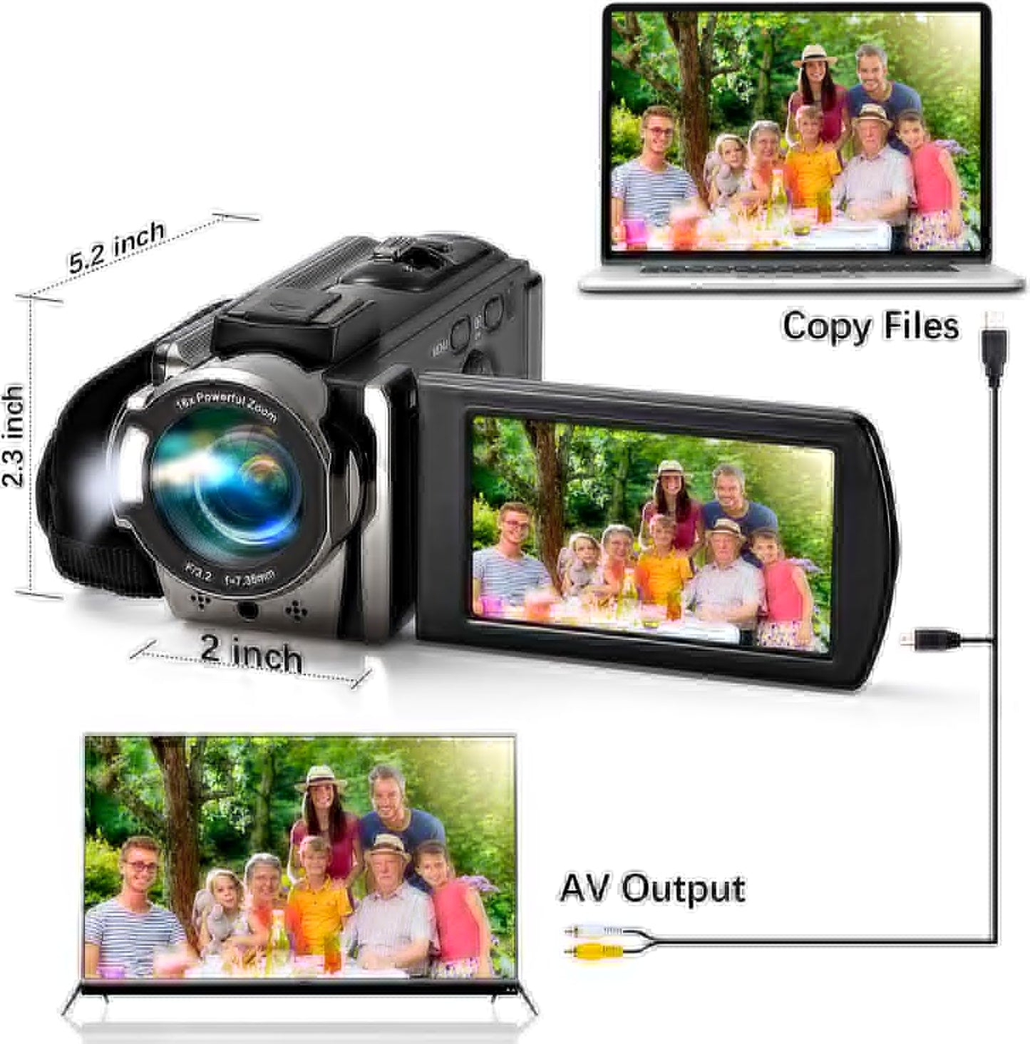 Kimire Full HD 1080P Video Camera Camcorder - 24MP, 16X Zoom, 3.0" LCD, 270° Rotation, 2 Batteries | Black