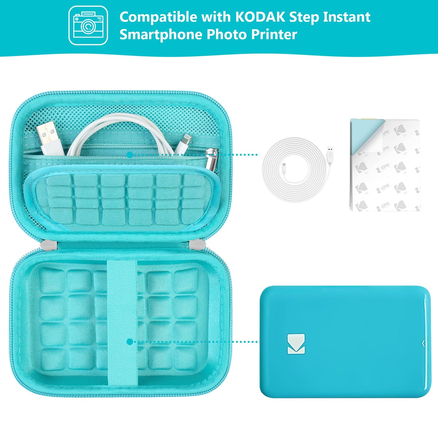 Supmay Hard Carrying Case for Kodak Step Instant Smartphone Photo Printer - Portable Mini Color Wireless Mobile Printer, Zipper Mesh Pocket for USB Cable, Photo Paper, Green