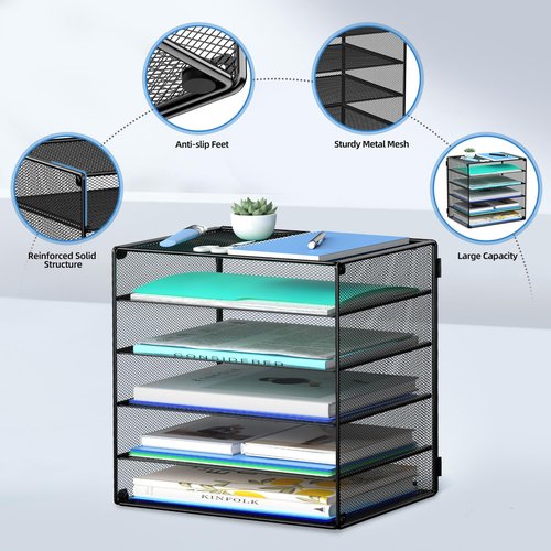 MINDEPOT 6 Tier Desk Organizer Paper Tray, Metal File Holder Desktop Organizers and Workspace Accessories for School Office Organization Storage Rack (1, Black)