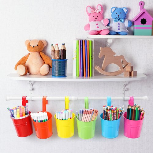 Fullhawl 6 Pcs Pencil Holder Crayon Organizer for Classroom Metal Iron Wall Crayon Organizer Hanging Art Storage Buckets with Retractable Pole Bucket Planter for Classroom Back to School Supplies