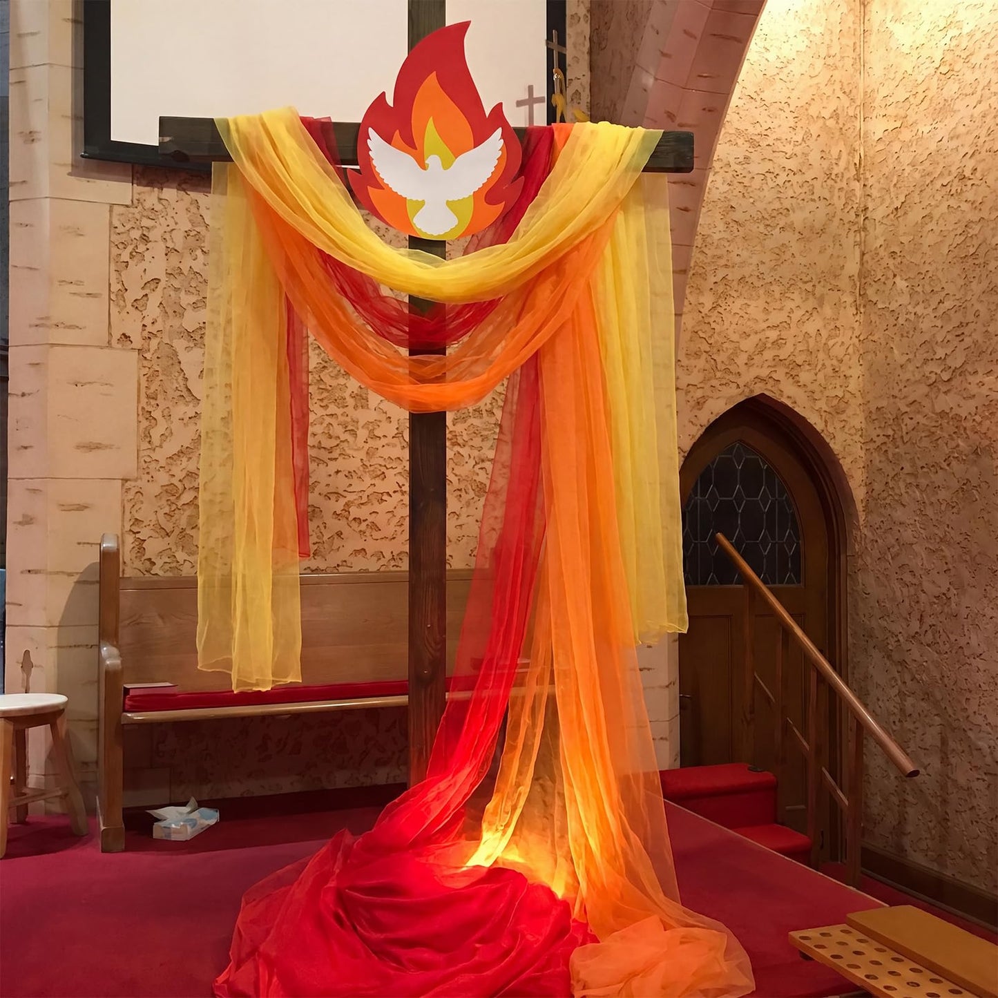 Zhengmy Pentecost Decorations Set- Red Yellow Orange Long tulle Photo Backdrop Drapes Dove Pigeon Flame Cutouts, Holy Spirit Religious Backdrop Supplies for Church Sunday School, Christian Holiday