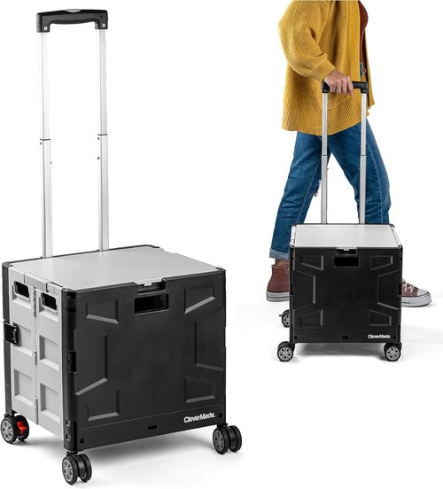 CleverMade Collapsible Crate on Wheels - 35L Rolling Cart with Lid & Handle | Foldable Utility for Groceries, Travel, Office - Holds 75 lbs, Cool Gray