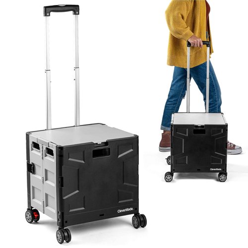 CleverMade Collapsible Wheeled Crate with Lid, 4-Wheels - Swivel and Glide Rolling Crate with Handle and Double Wheels for Easy Transport and Versatile Use - 35L and 75lb Capacity, Black/Cream
