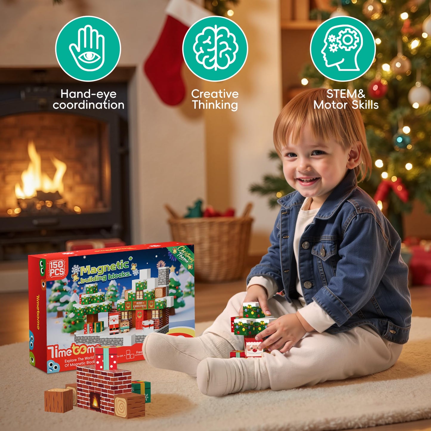 Timetome Magnetic Blocks, 150PCS Magnetic Building Block Cubes, STEM Montessori Sensory Toys for Kids Boys Girls Ages 3 4 5 6 7 8 9 10 (Christmas Version)