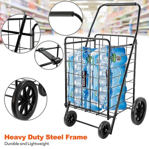 Wellmax 2-Pack Shopping Utility Cart with Stair Climber, Collapsible Folding Cart for Grocery, X-Large and Large (Black and Silver)