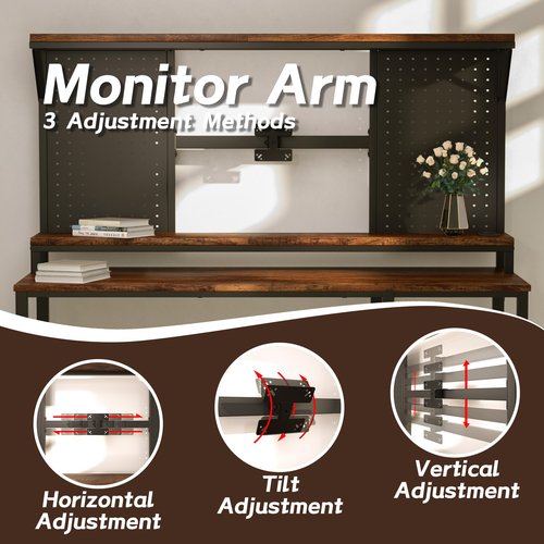 Gaming Desk with LED Lights & Power Outlets, 47 Inch Office Desk with Monitor Stand and Storage Shelves, Computer Desk with Pegboards and Adjustable TV Mount for Home Office, Bedroom, Rustic Brown