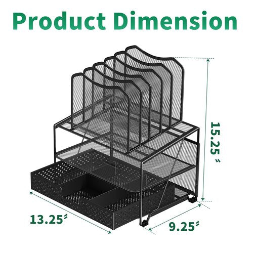 Simple Trending Mesh Desk Organizer with Sliding Drawer, Double Tray with 5 Sections File Bookshelf, Black