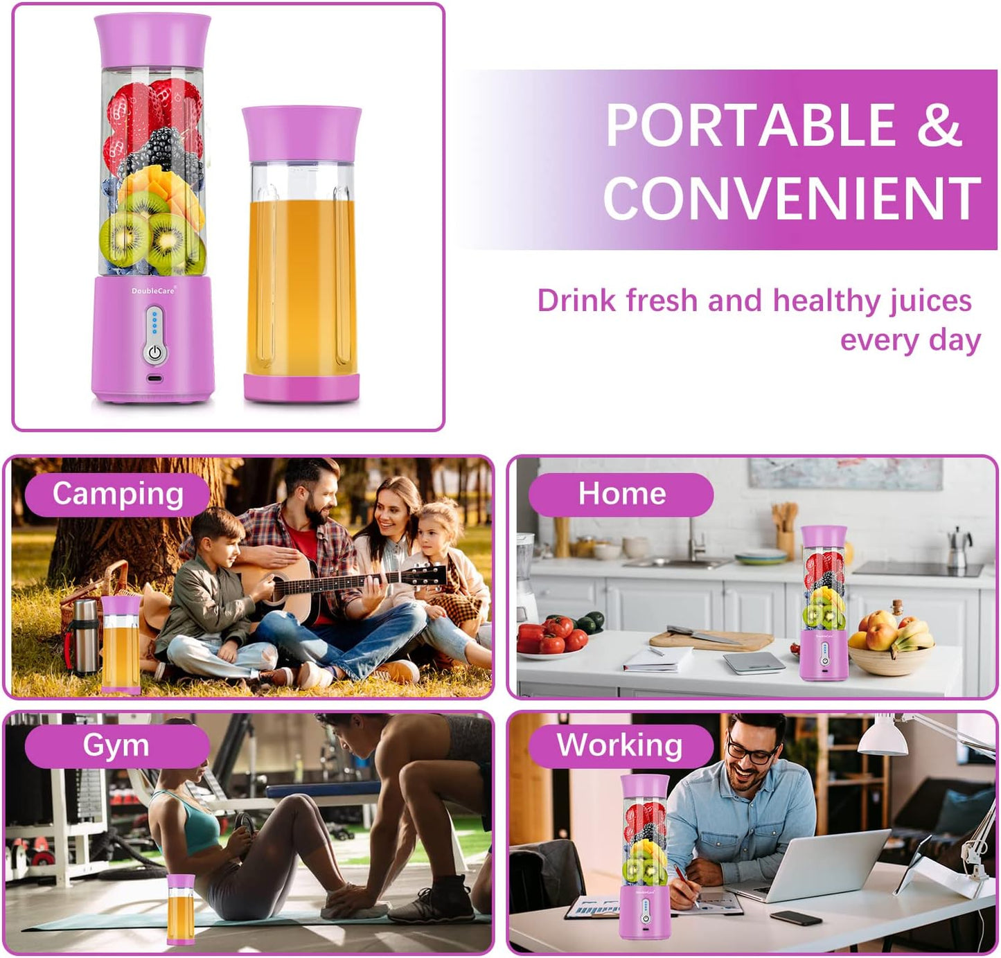 Skiennix Portable Blender - 500ml Electric Juicer for Smoothies & Shakes | USB Rechargeable, BPA-Free, Pink Purple
