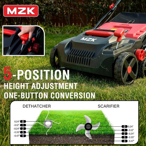 MZK 15-Inch Electric Dethatcher & Scarifier - 2-in-1 Lawn Care Tool with 5-Position Height Adjustment & 12-Gallon Bag (Red)