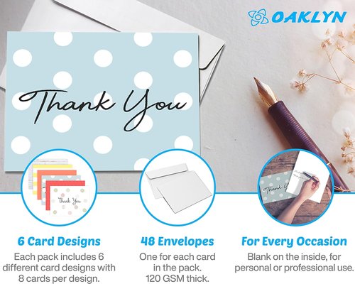 Oaklyn Thank You Cards - 48 Pack Blank Envelopes for Weddings, Baby Showers, Birthdays | 4"x 5.25" Assorted