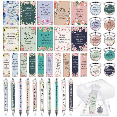 Jetec 150 Bible Verses Gift Set for 30 Christian Bookmarks 30 Scripture Ballpoint Pens 30 Christian Notebooks 30 Bible Verse Keychain 30 White Organza Bags for Women Men Office Church(Flower)
