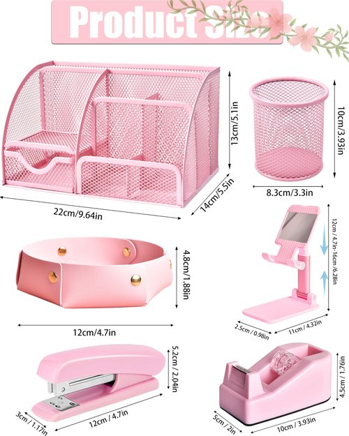 Pink Desk Accessories, 24Pcs Pink Office Supplies and Desk Organizers, with Tape Dispenser, Stapler, Staple Remover, Ect, Fill Your Desktop with Lovely Pastel Colors, Back to School