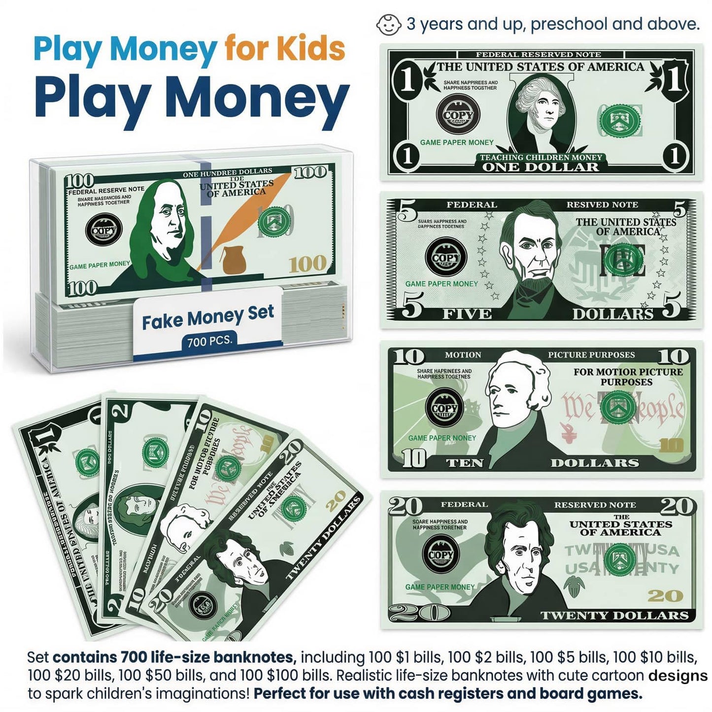 Spiricrystal 700Pcs Play Money Set for Kids – Educational Learning Bills for Teaching Math & Counting – Prop Fake Money Refill for Board Games & Cash Register Toy